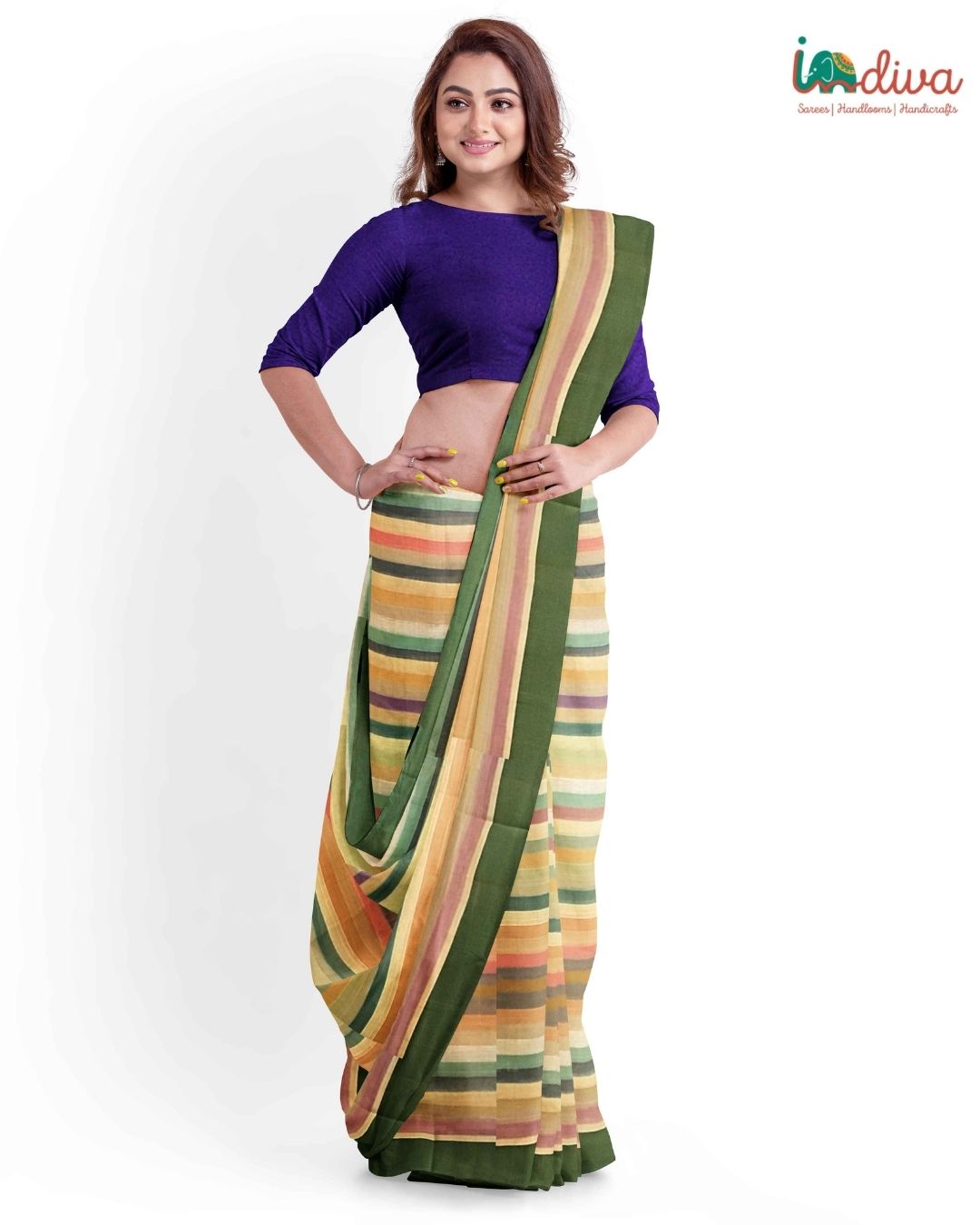 Indiva Handwoven Green & Violet Adampalli Cotton Saree