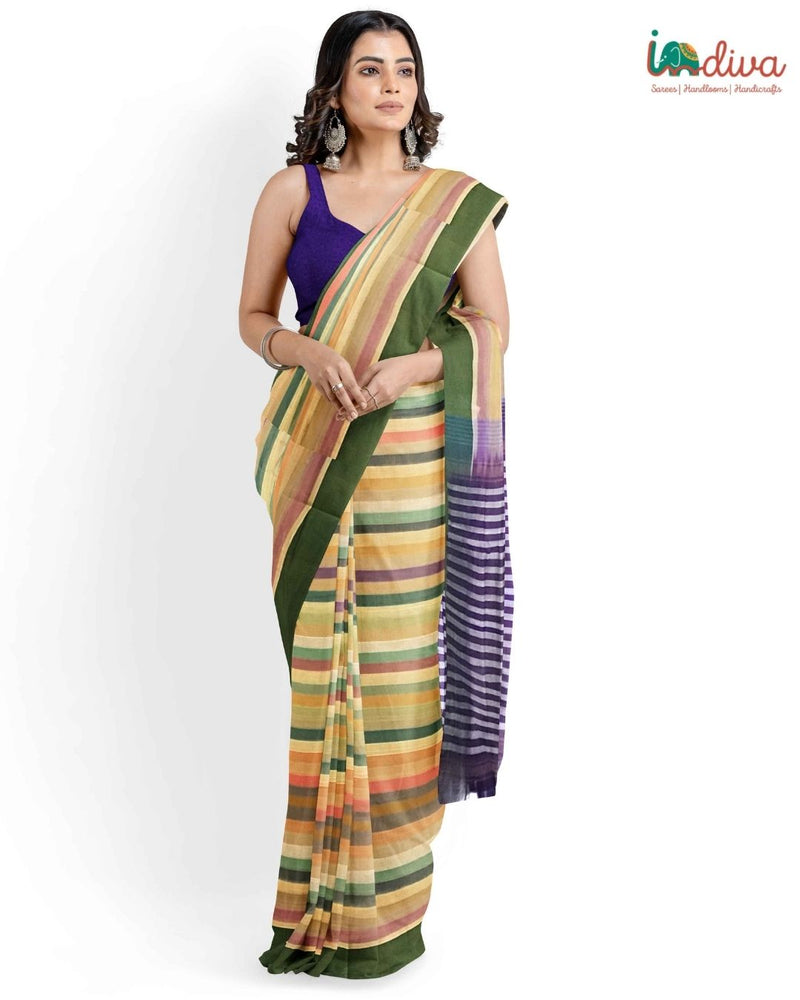 Indiva Handwoven Green & Violet Adampalli Cotton Saree