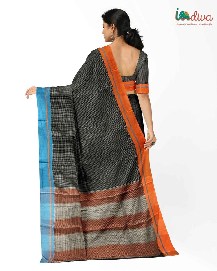 Indiva Patteda Anchu Blue & Orange Handloom Saree