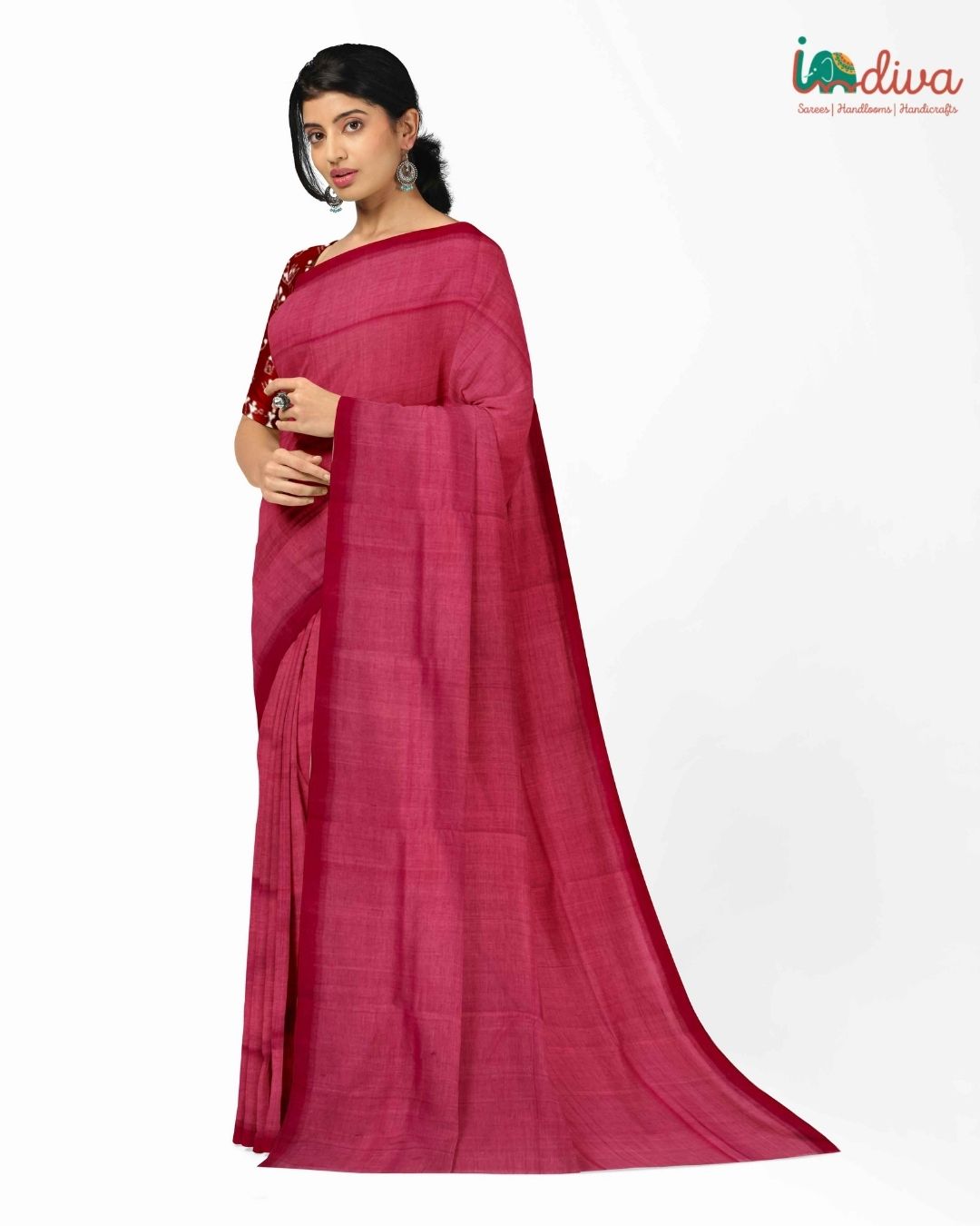 Indiva Pink & Red Dual Tone Mangalgiri Handwoven Sareee