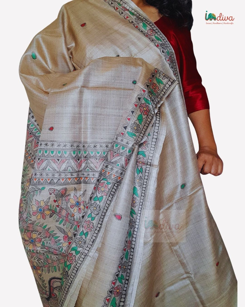 Handpainted Natural Dyed Madhubani Silk Saree