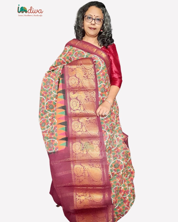 Orange & Brown Sungudi Cotton Saree With Kalamkari Prints
