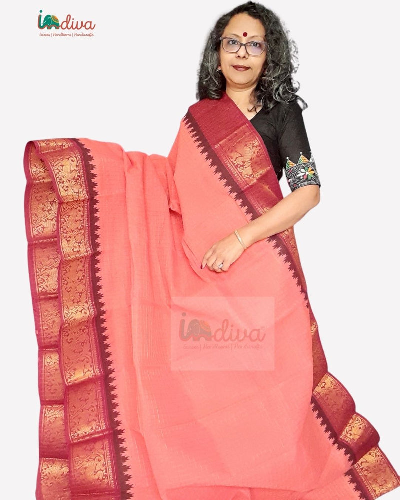 Orange & Maroon Handloom Sungudi Cotton Saree