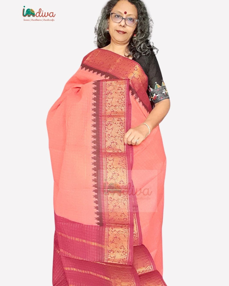 Orange & Maroon Handloom Sungudi Cotton Saree