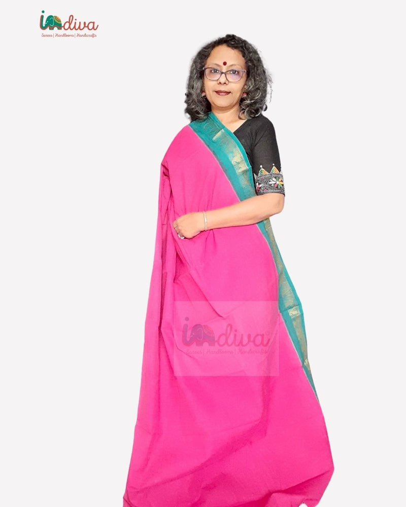 Pink Tie & Dye Ganga Jamuna Border Sungudi Handloom Cotton Saree