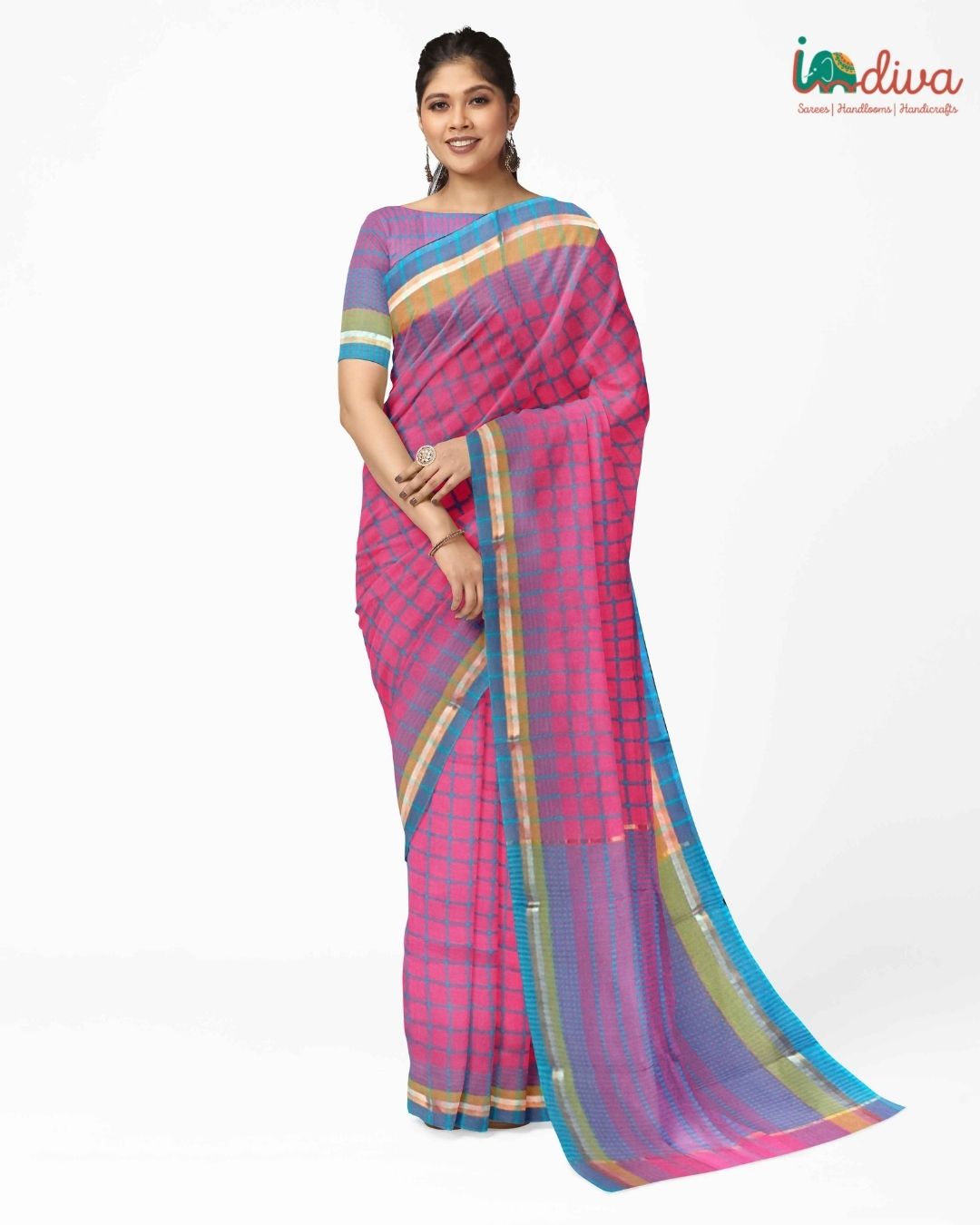 Handwoven Mangalgiri Cotton Saree - Bright Turquoise + Gold – Tamara