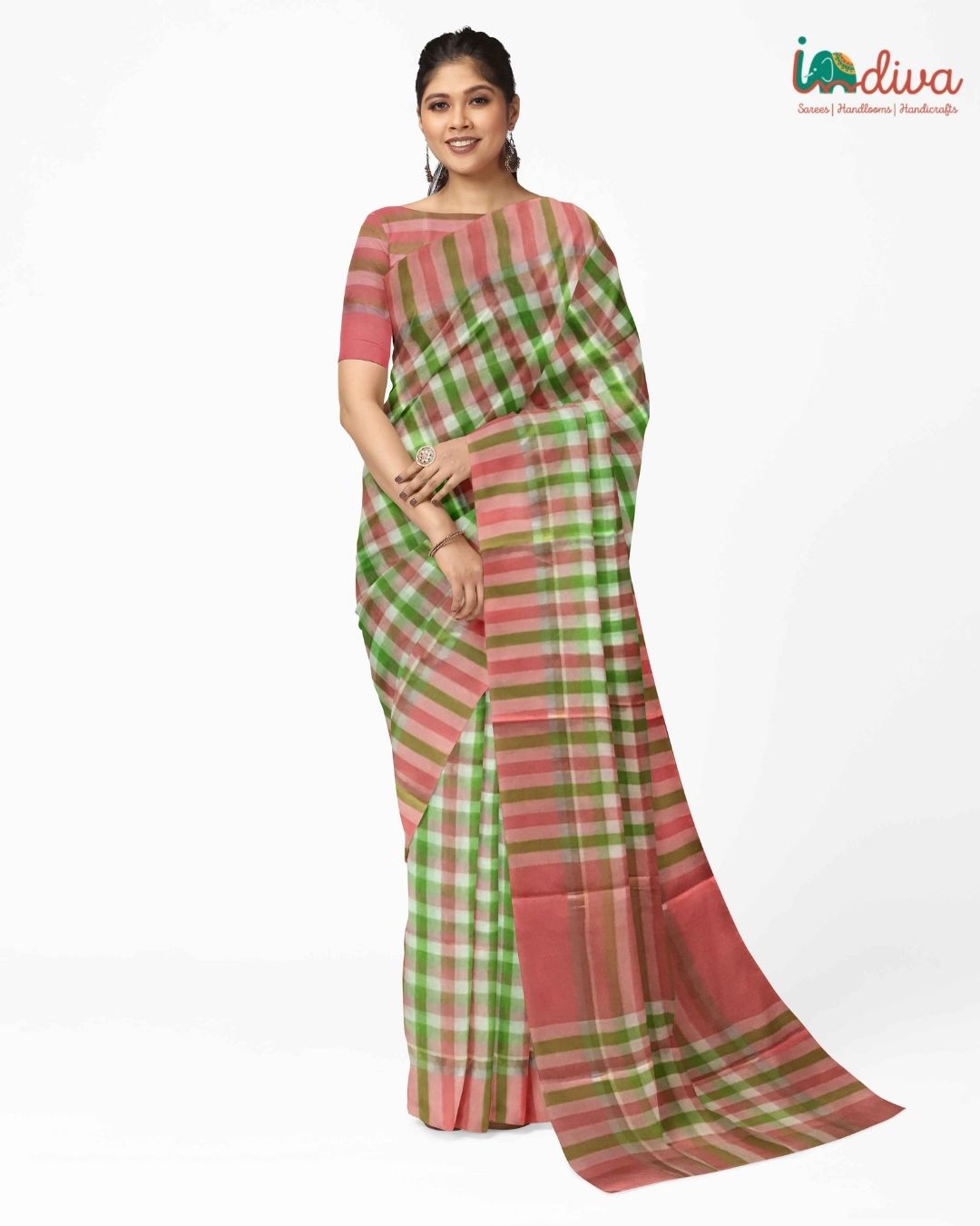 Pink & Green Checks Handloom Mangalgiri Cotton Saree