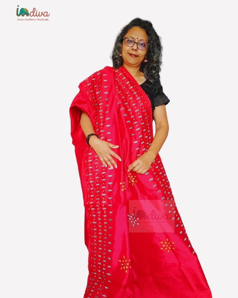 Handloom Red Assam Silk Kantha Saree