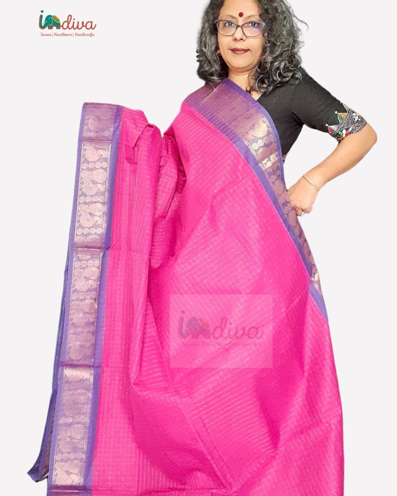 Sungudi Handloom Cotton Pink Saree With Peacock Border