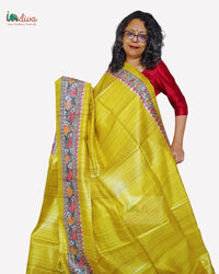 Yellow Hand Painted Tussar Madhubani Silk Saree