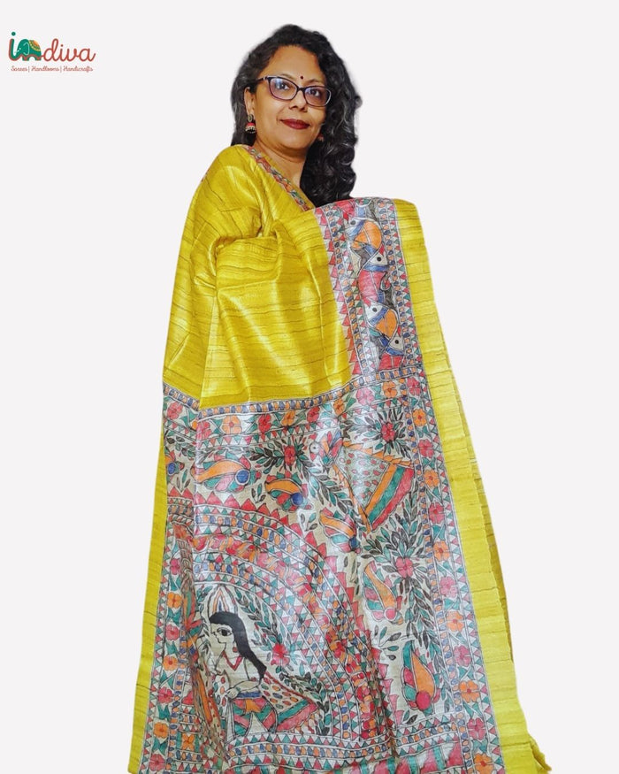 Yellow Hand Painted Tussar Madhubani Silk Saree