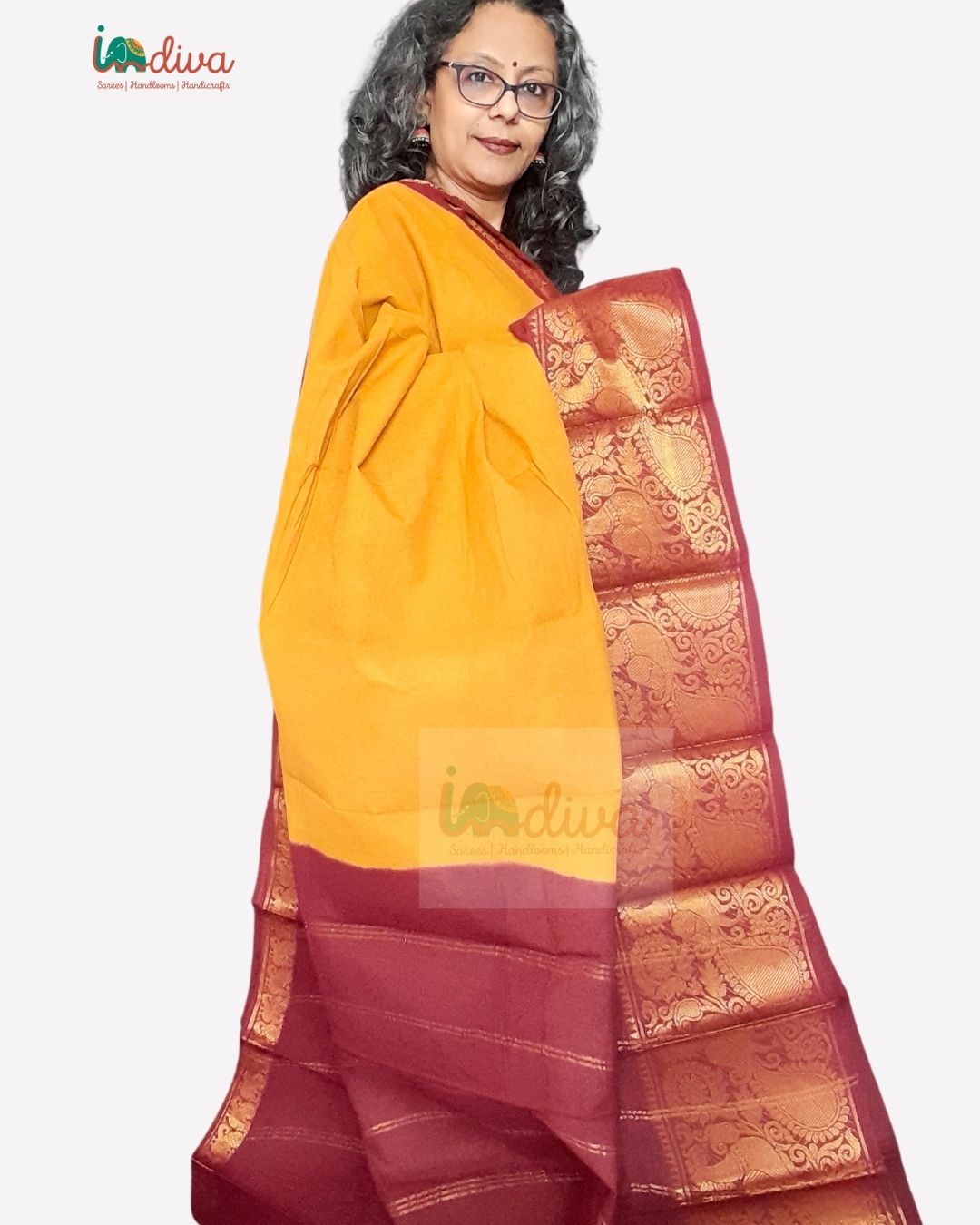 Yellow & Brown Tie Dye Handloom Sungudi Cotton Saree