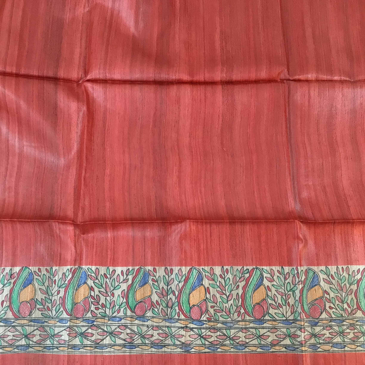 Brick Red  Hand Painted Tussar Madhubani Silk Saree-Border