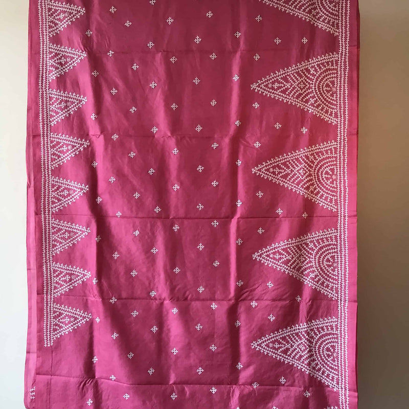 Hand Embroidered Pink Kantha Silk Saree