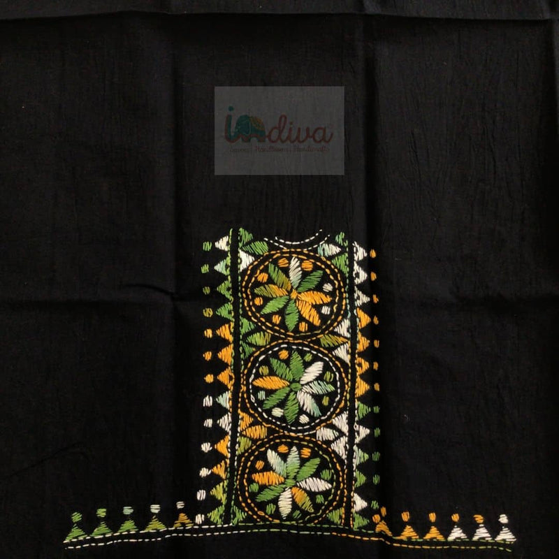 Black Kantha Blouse Fabric with Green, Yellow Yellow Kantha Blouse Fabric With Blue, Black & White Embroidery-Sleeve