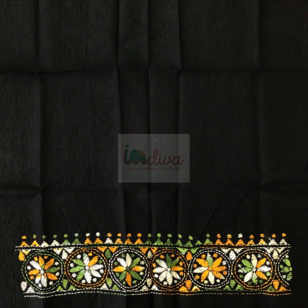 Black Kantha Blouse Fabric with Green, Yellow Yellow Kantha Blouse Fabric With Green, yellow & White Embroidery-Back