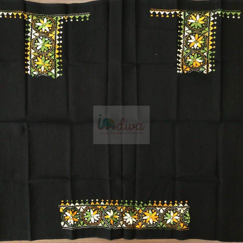Black Kantha Blouse Fabric with Green, Yellow Yellow Kantha Blouse Fabric With Green, yellow & White Embroidery