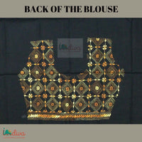 Black Kantha Blouse Fabric with White & Orange Motifs