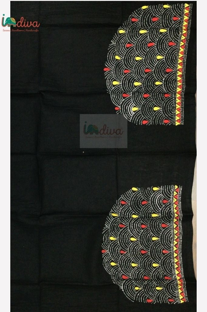 Black Kantha Blouse Fabric With Red & Yellow Motifs