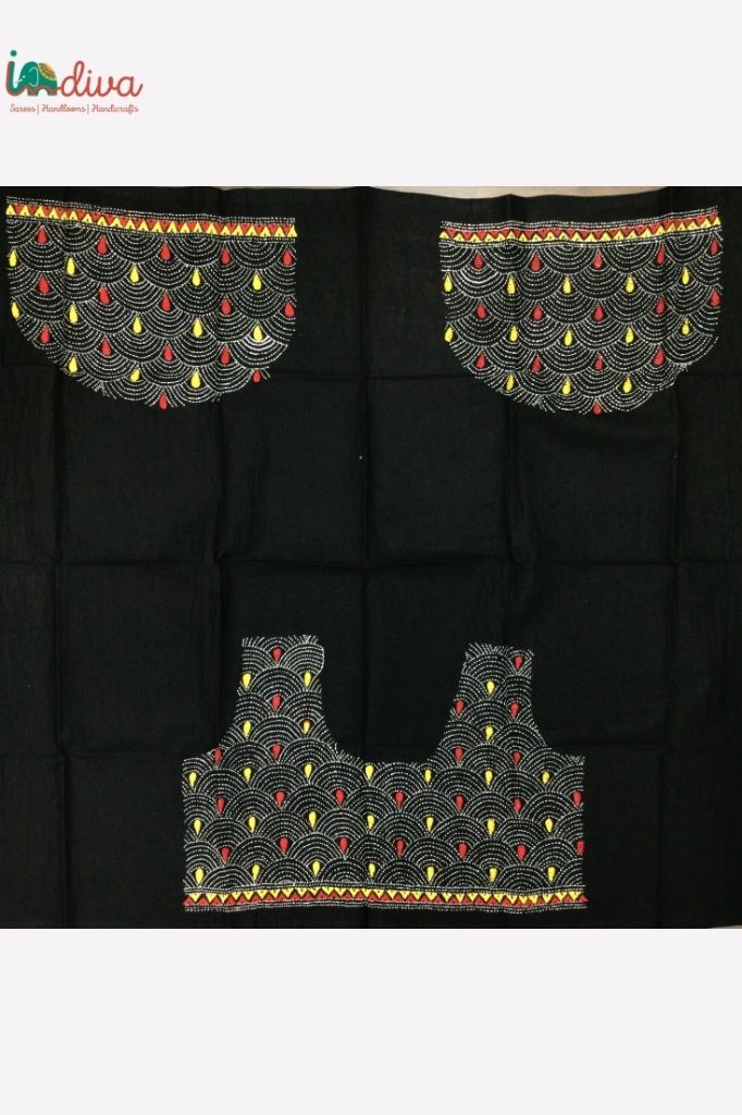 Black Kantha Blouse Fabric With Red & Yellow Motifs