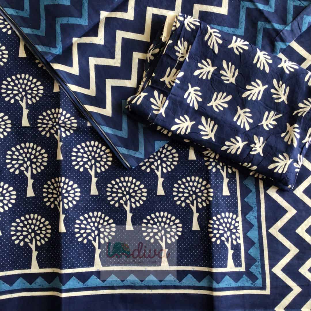Block Printed Blue Bagru Mulmul Cotton Sari-Blouse