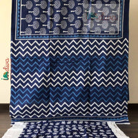 Block Printed Blue Bagru Mulmul Cotton Sari