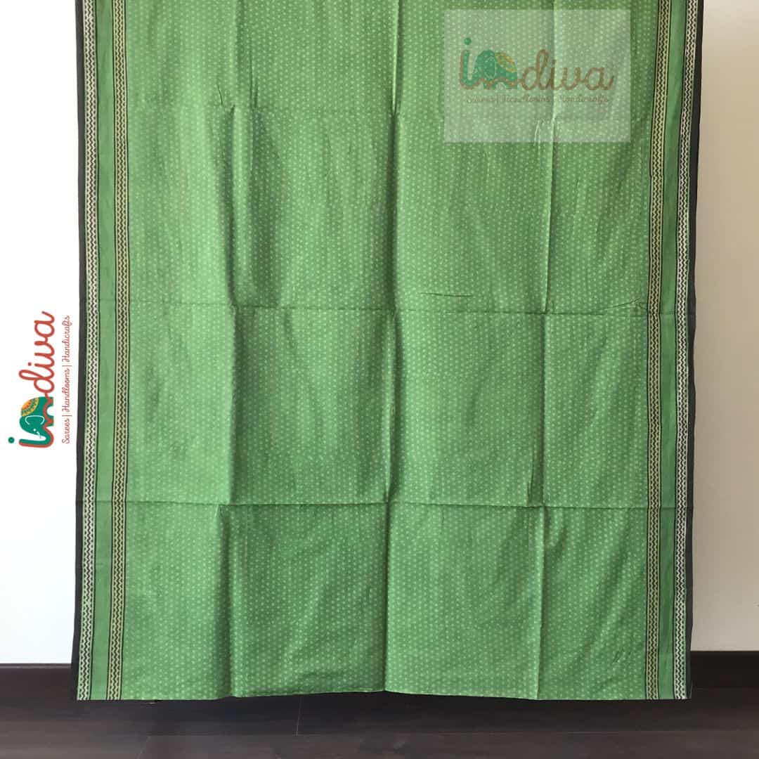 Block Printed Green Mulmul Saree-Body