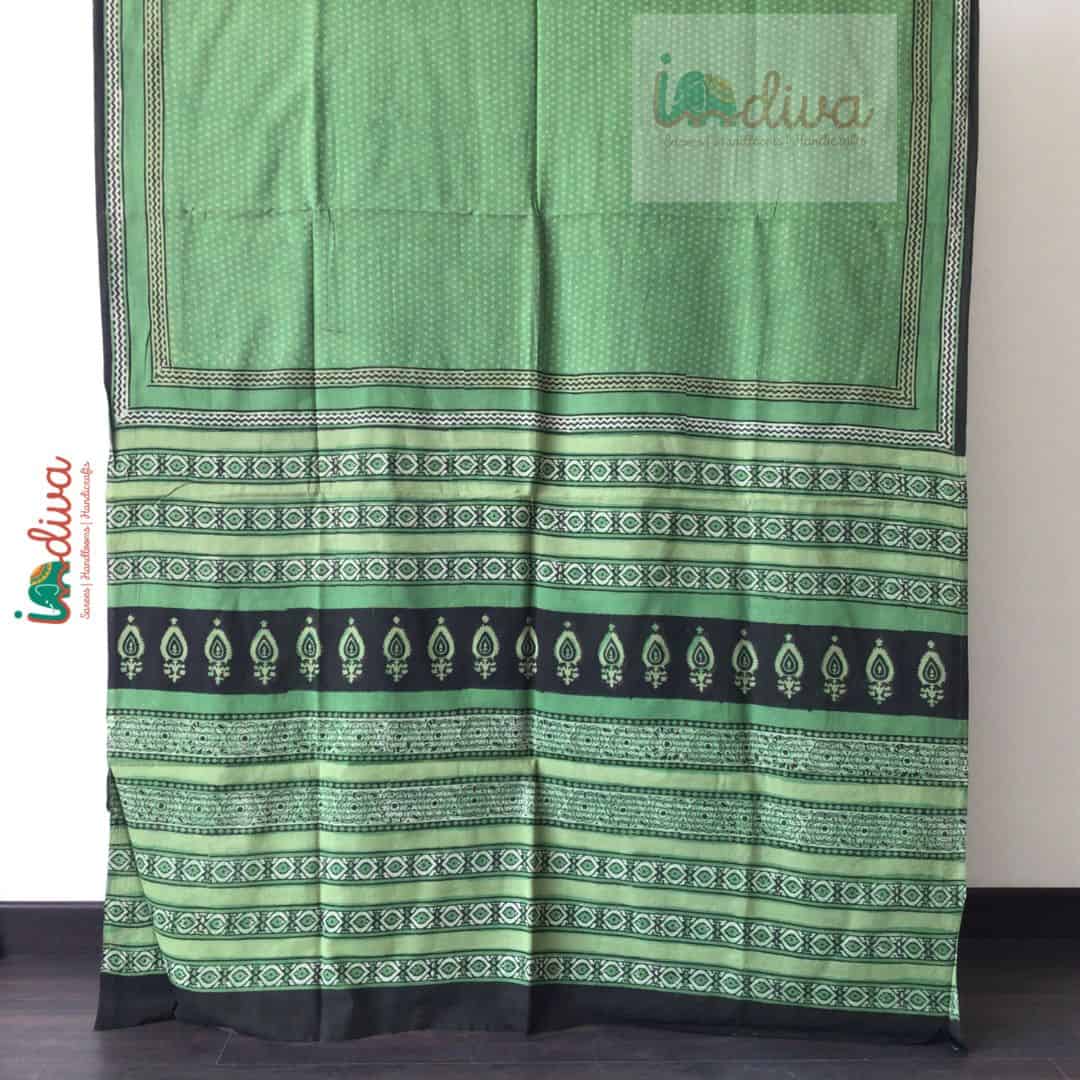 Block Printed Green Mulmul Saree-Pallu