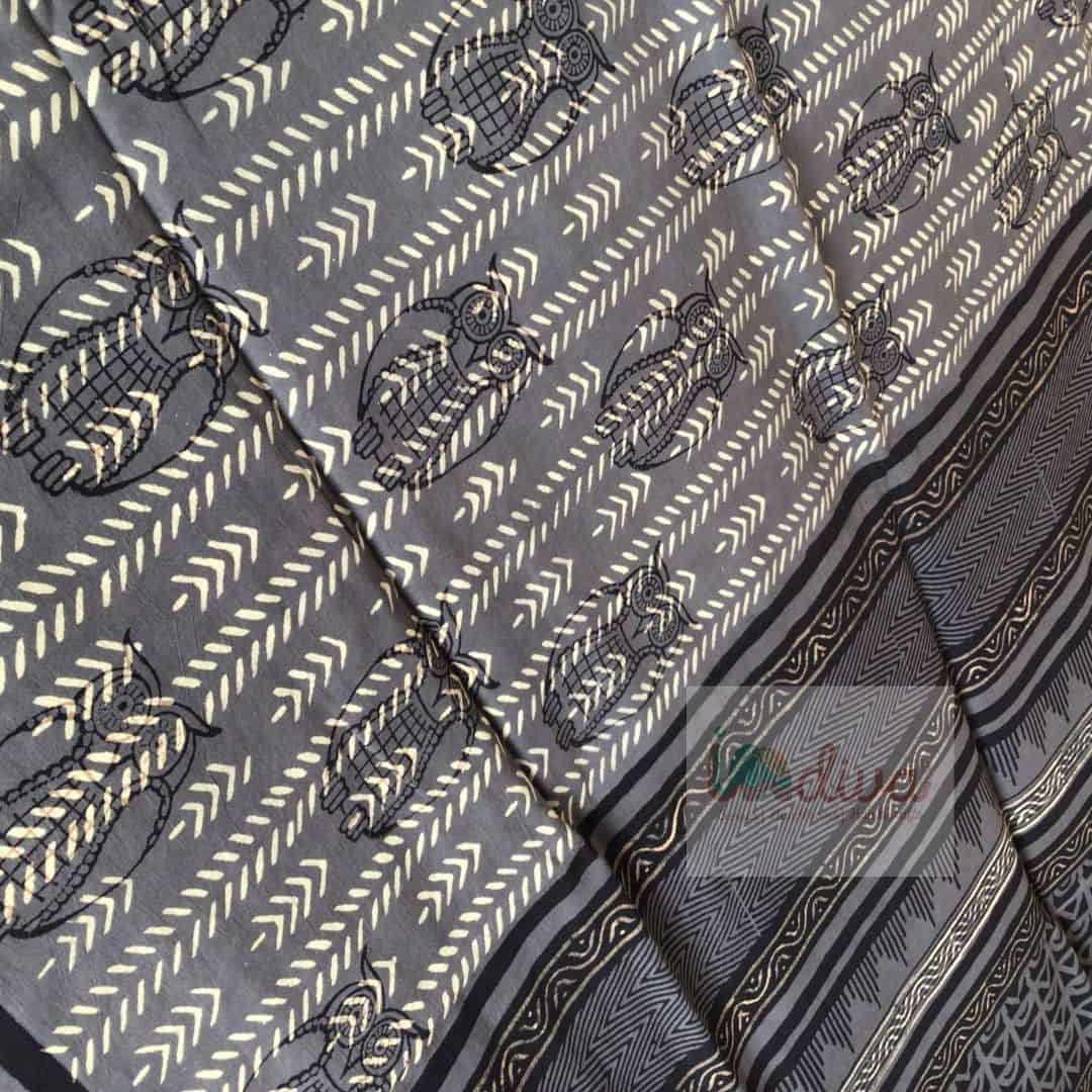 Block Printed Natural Dyed Grey Mulmul Saree-Flat lay