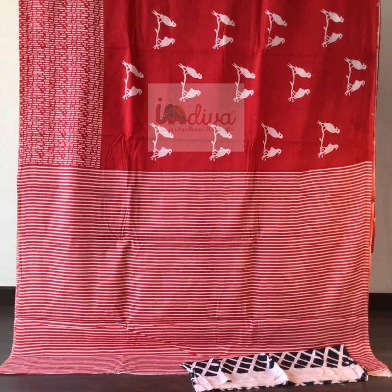 Block Printed Red Bagru Mulmul Cotton Saree-Blouse Piece