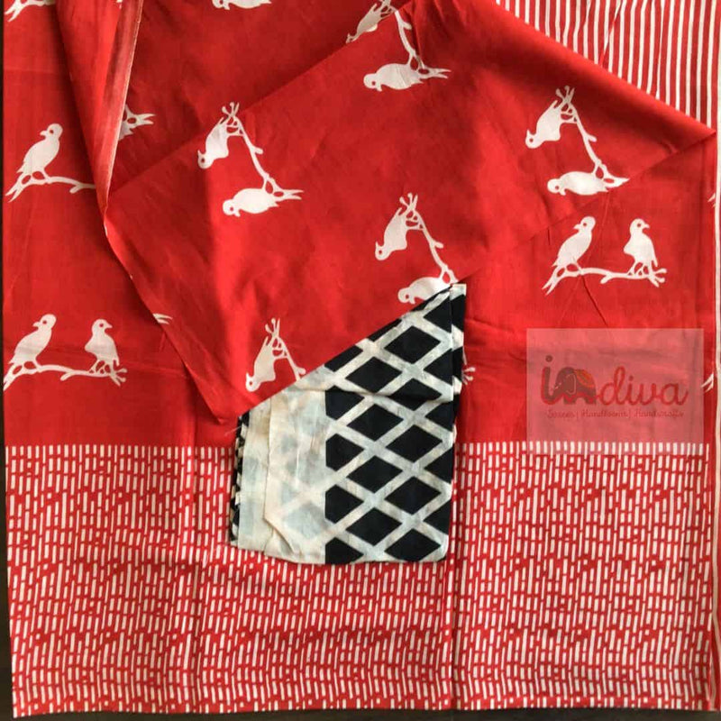 Block Printed Red Bagru Mulmul Cotton Saree-Flat Lay With BP