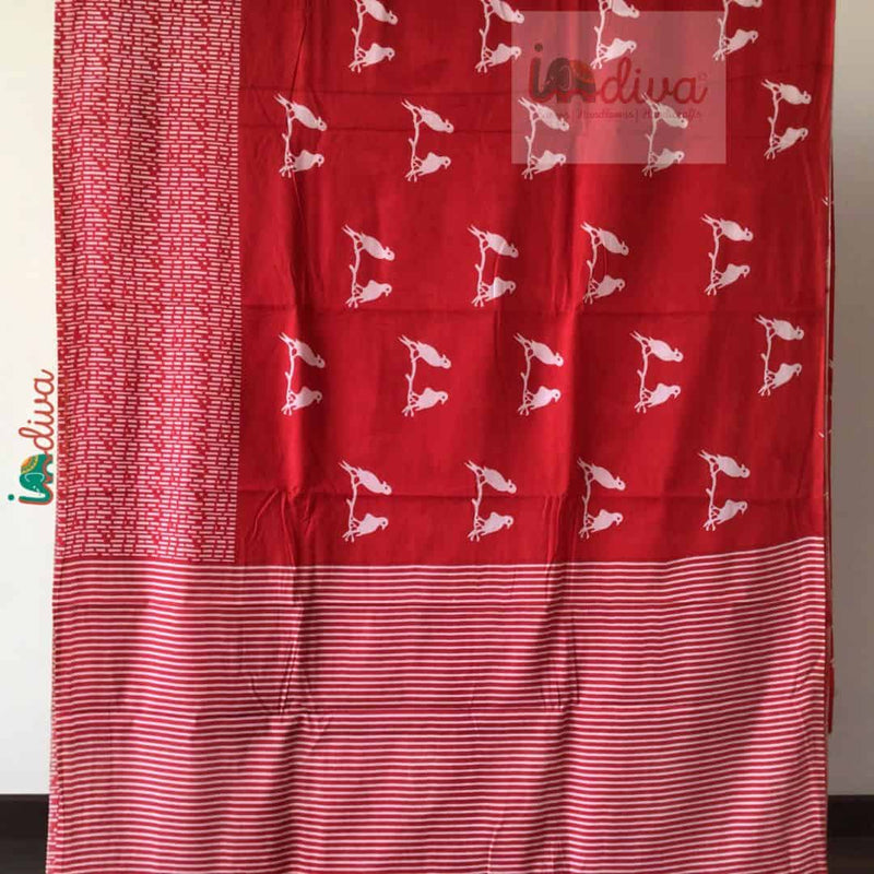 Block Printed Red Bagru Mulmul Cotton Saree