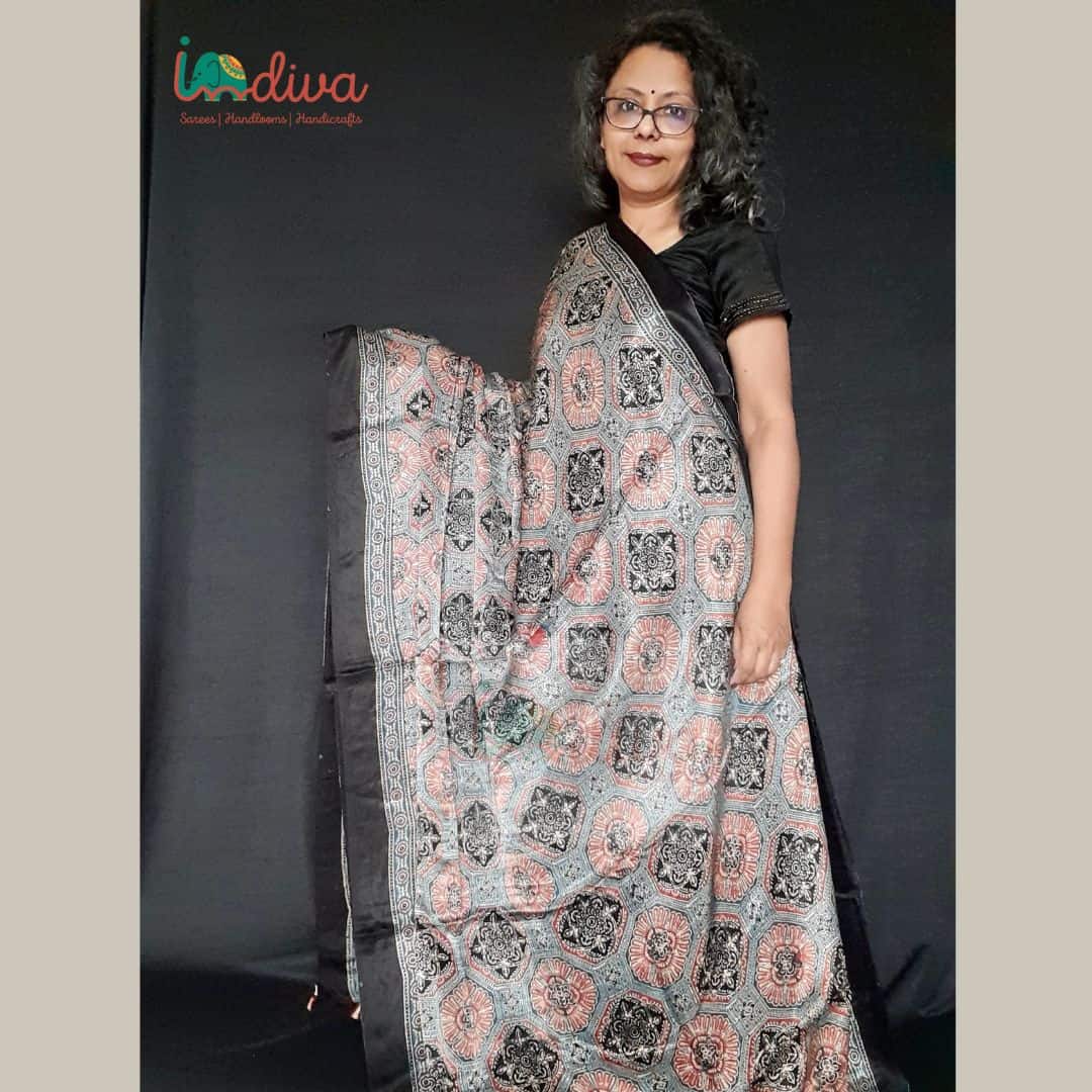 Pure Ajrakh Modal Silk Saree With Blouse, NR, KCPC – Priyaz Gallery