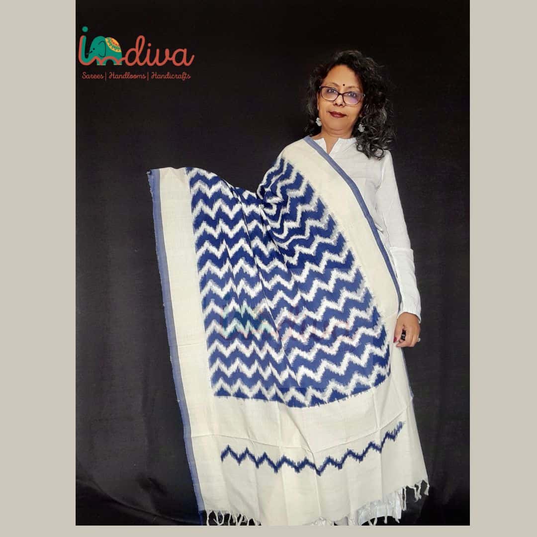 Blue & Off-White Handloom Cotton Ikat Dupatta-Display