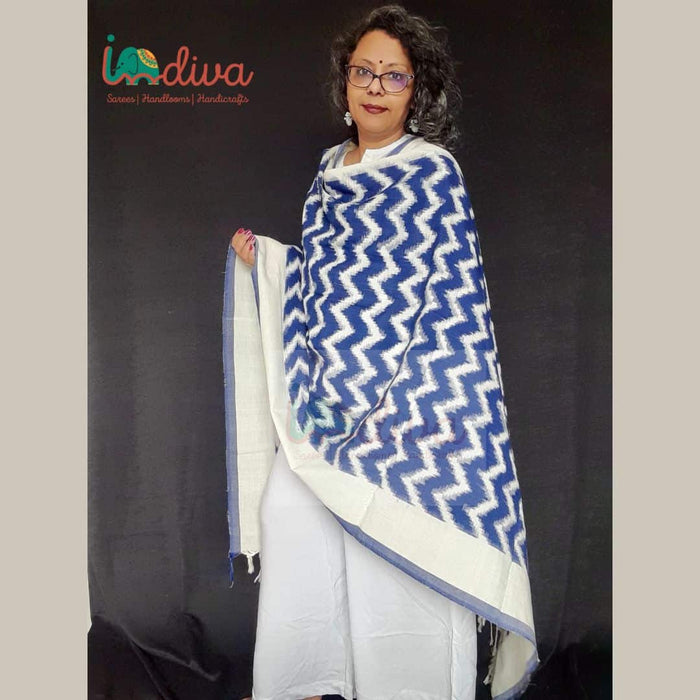 Blue & Off-White Handloom Cotton Ikat Dupatta
