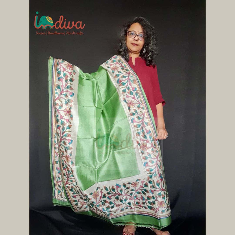 Green Hand-embroidered Kantha Tussar Silk Dupatta-Display