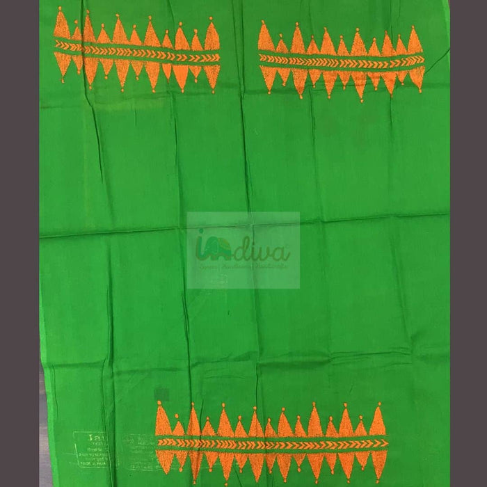 Green Kantha Blouse Fabric With Orange Embroidery