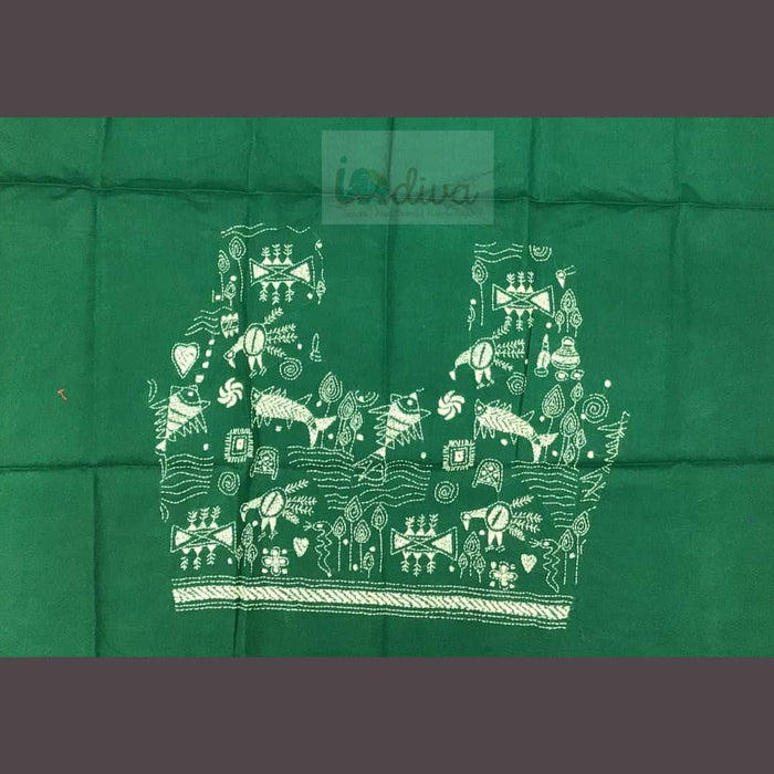 Green Kantha Blouse Fabric With off-White Worli Motifs-Back