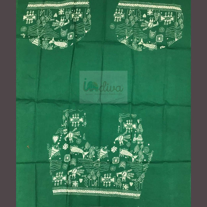 Green Kantha Blouse Fabric With off-White Worli Motifs