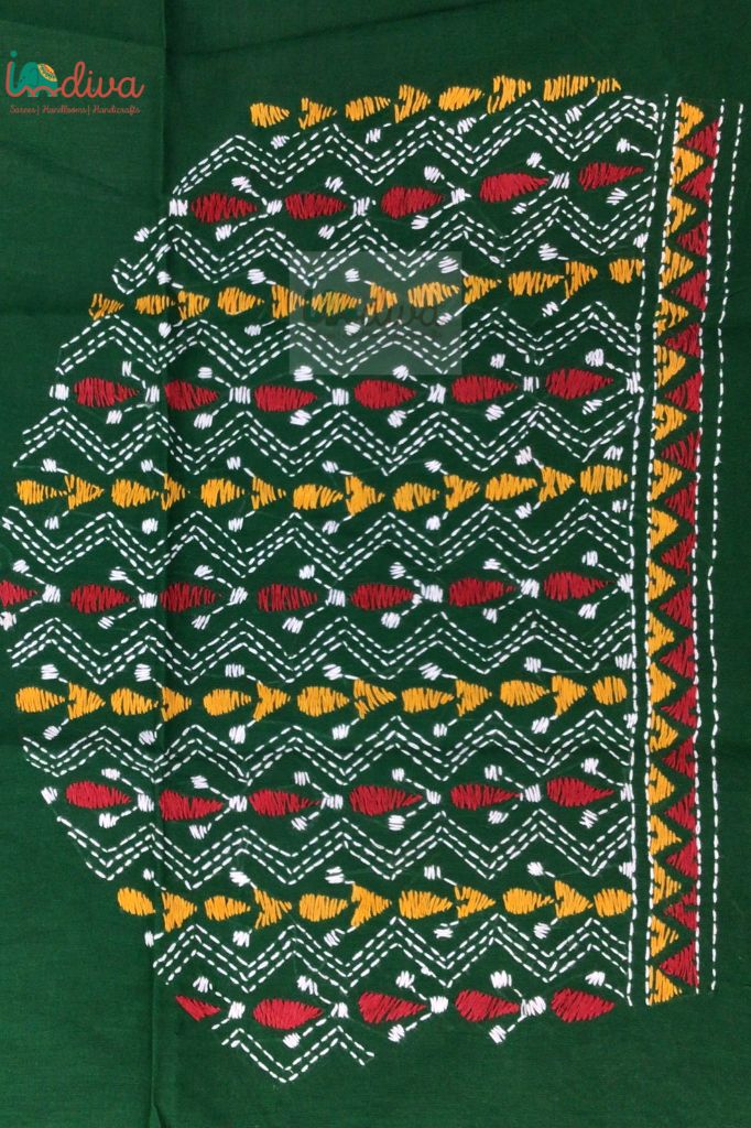 Green Kantha Stitch Blouse Fabric With White, Yellow & Red Motifs