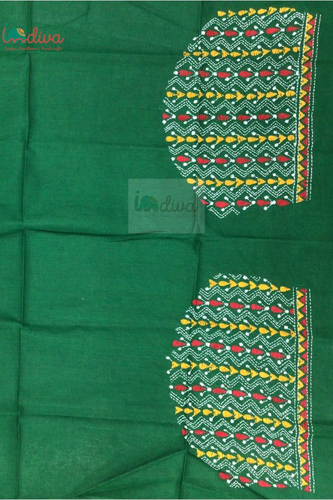 Green Kantha Stitch Blouse Fabric With White, Yellow & Red Motifs