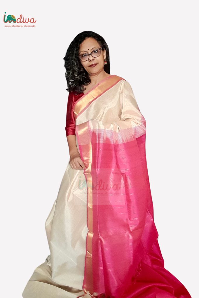 Off White & Pink Paturu Handloom Sico Saree