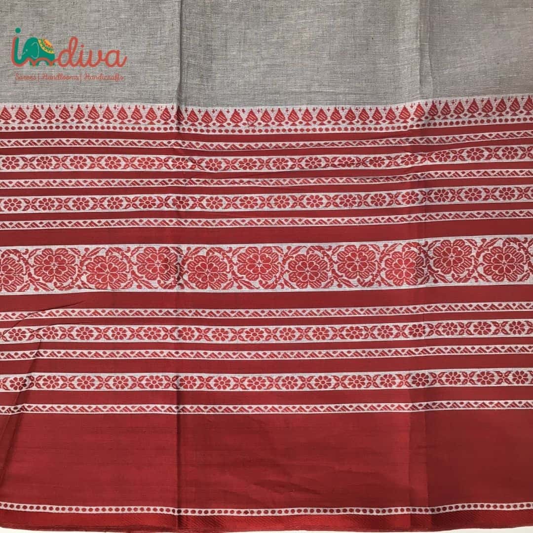 Indiva Begumpur Handloom Grey and Red Cotton Saree-Big Border