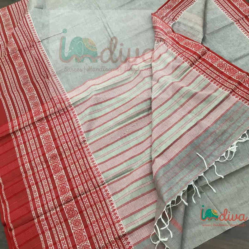 Indiva Begumpur Handloom Grey and Red Cotton Saree-Pallu