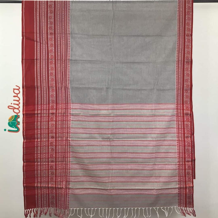 Indiva Begampur Handloom Grey and Red Cotton Saree