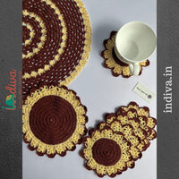 Indiva Beige & Brown Crochet Table Cover & Coaster-Set of 8