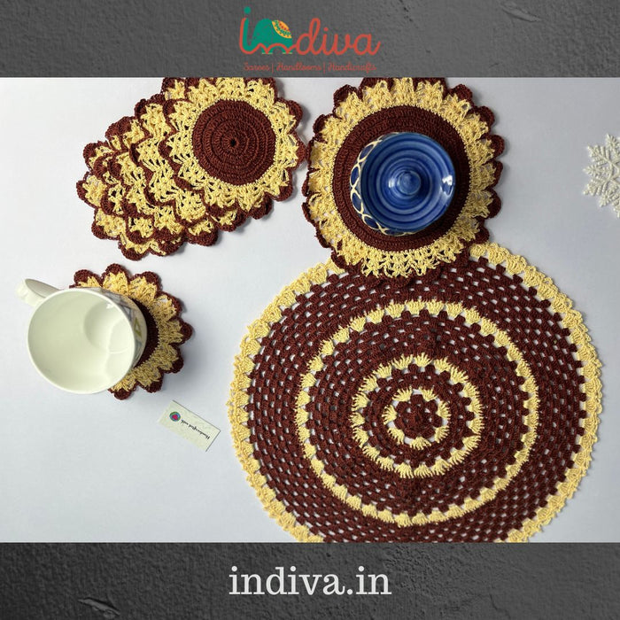 Indiva Beige & Brown Crochet Table Cover & Coaster-Set of 8_2