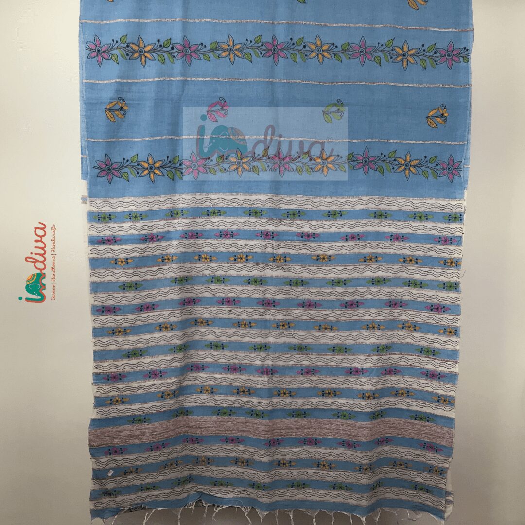 Indiva Handloom Khesh Kantha Embroidered Blue &amp; White Cotton Saree