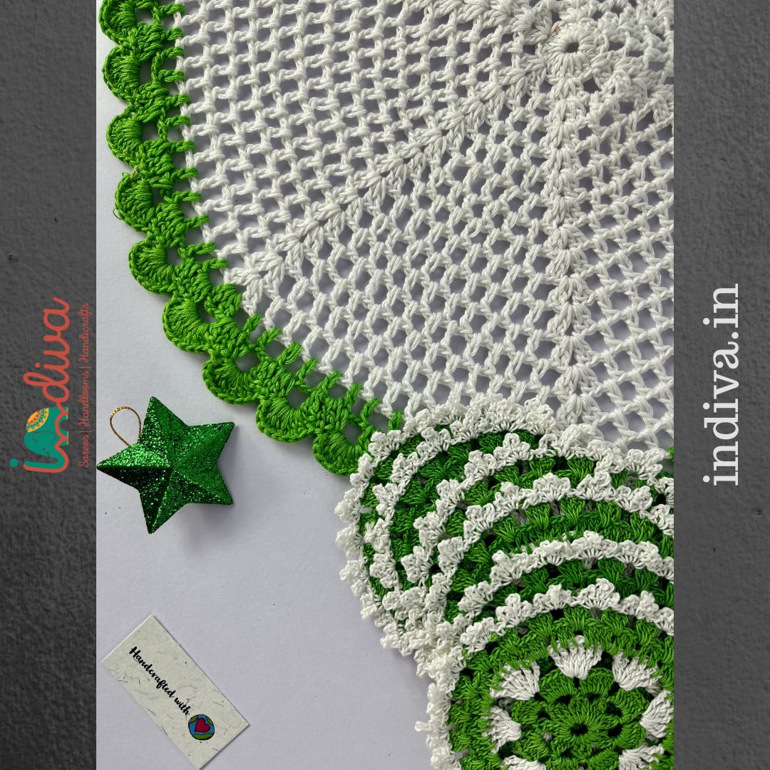 Indiva Green & White Crochet Table Cover & Coaster-Set of 7