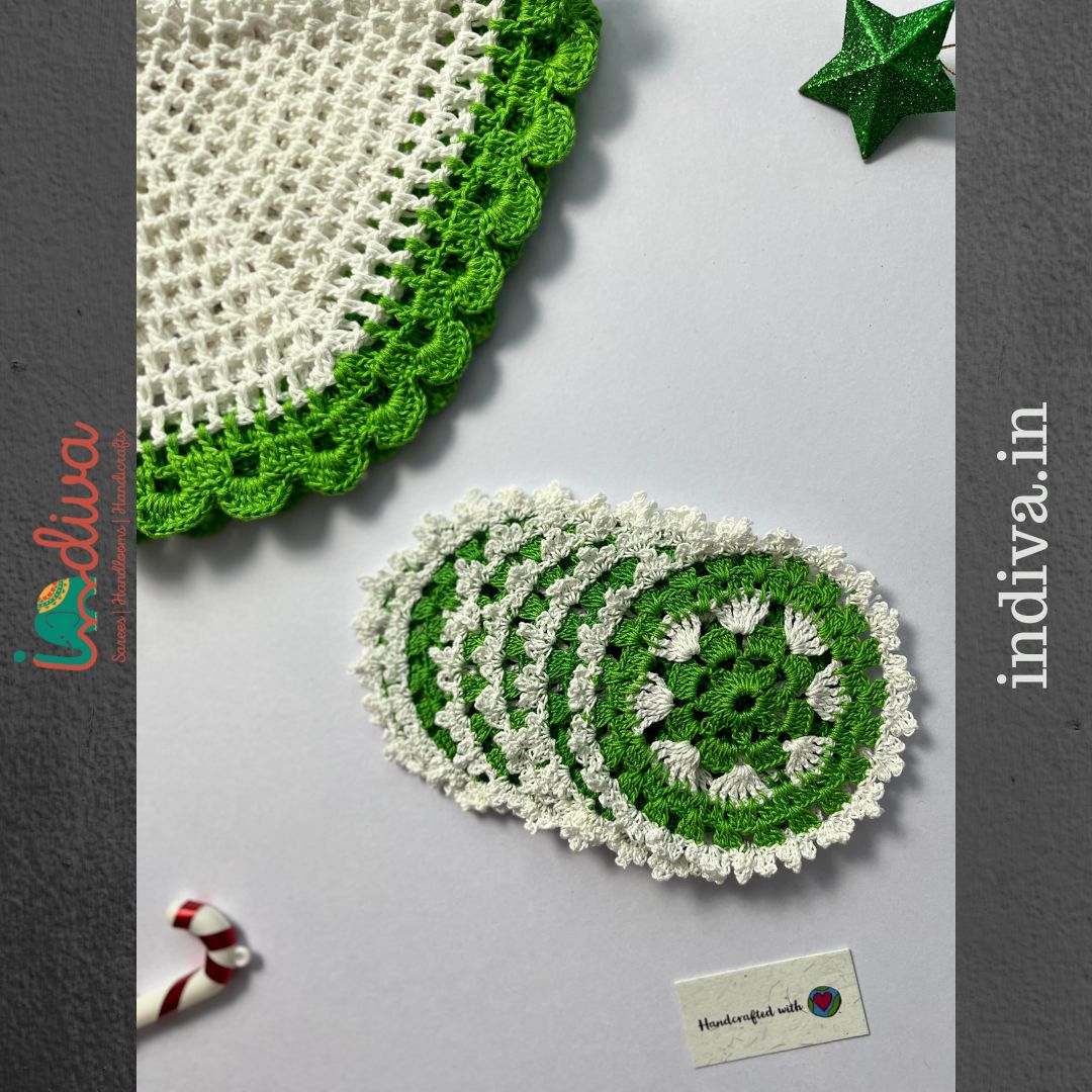 Indiva Green & White Crochet Table Cover & Coaster-Set of 7_1